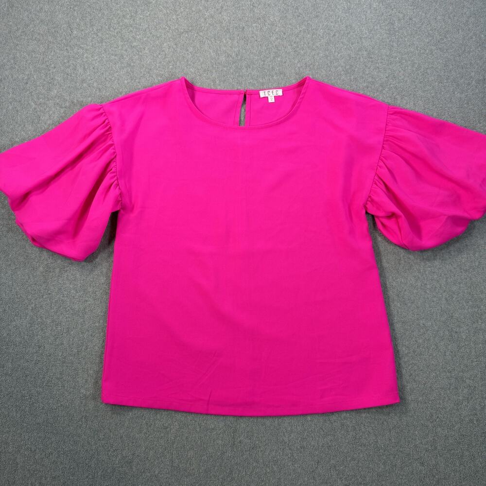 TCEC Women's Medium Hot Pink Puffed Sleeve Keyhole Back Blouse Top